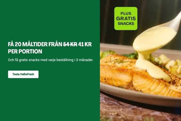 HelloFresh: 41 kr/portion + gratis snacks i 3 månader